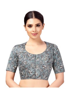 Studio Shringaar Studio Shringaar Women's Polyester Readymade tassar Silk Kalamkari Printed Saree Blouse with Short Sleeves(Grey, 42)  - Image 1