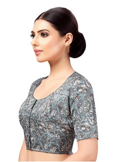 Studio Shringaar Studio Shringaar Women's Polyester Readymade tassar Silk Kalamkari Printed Saree Blouse with Short Sleeves(Grey, 42)  - Image 4