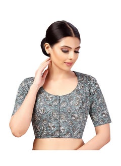 Studio Shringaar Studio Shringaar Women's Polyester Readymade tassar Silk Kalamkari Printed Saree Blouse with Short Sleeves(Grey, 42)  - Image 3