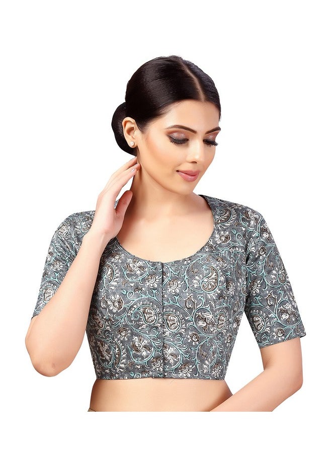 Studio Shringaar - Studio Shringaar Women's Polyester Readymade tassar Silk Kalamkari Printed Saree Blouse with Short Sleeves(Grey, 42) - Image 1