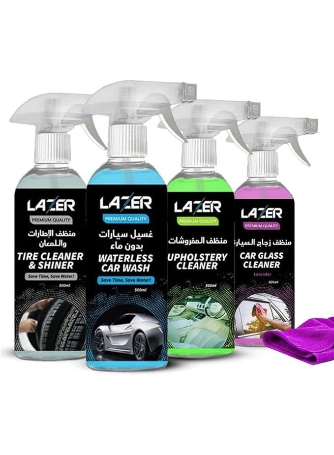 LAZER Car Cleaning Kit Pack of 4 – Tire Cleaner & Shiner, Waterless Car Wash, Upholstery Cleaner, Car Glass Cleaner 500ml Each – Complete Car Care Solution with Microfiber Cloth - Image 1