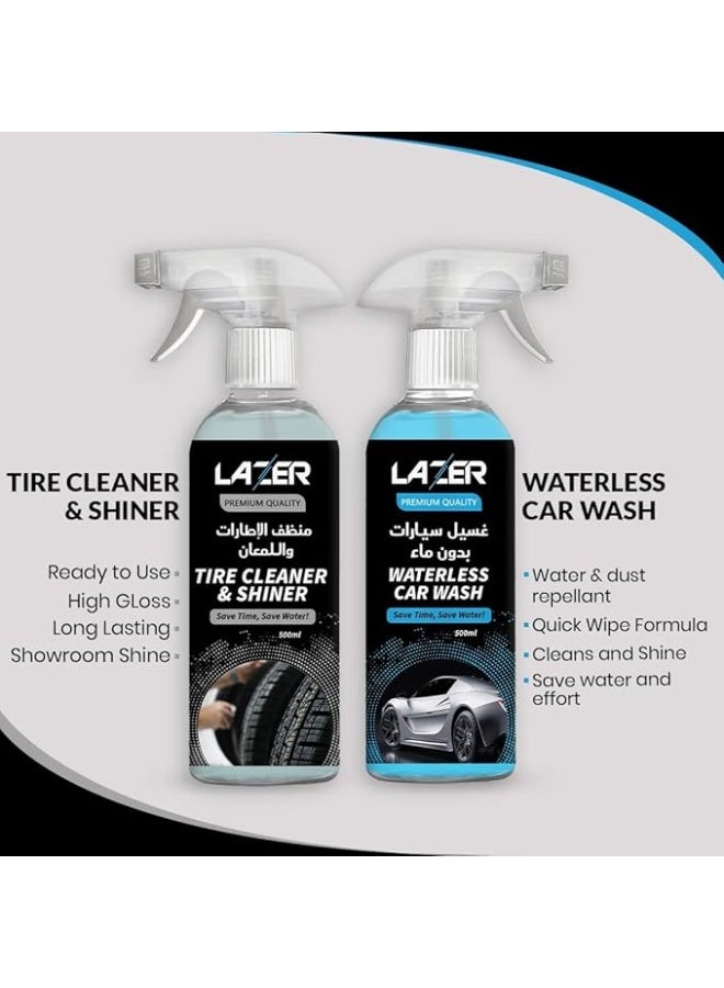 LAZER Car Cleaning Kit Pack of 4 – Tire Cleaner & Shiner, Waterless Car Wash, Upholstery Cleaner, Car Glass Cleaner 500ml Each – Complete Car Care Solution with Microfiber Cloth - Image 3