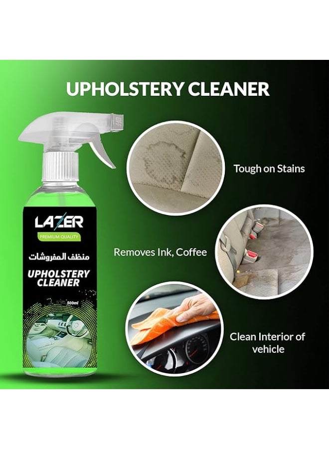 LAZER Car Cleaning Kit Pack of 4 – Tire Cleaner & Shiner, Waterless Car Wash, Upholstery Cleaner, Car Glass Cleaner 500ml Each – Complete Car Care Solution with Microfiber Cloth - Image 4