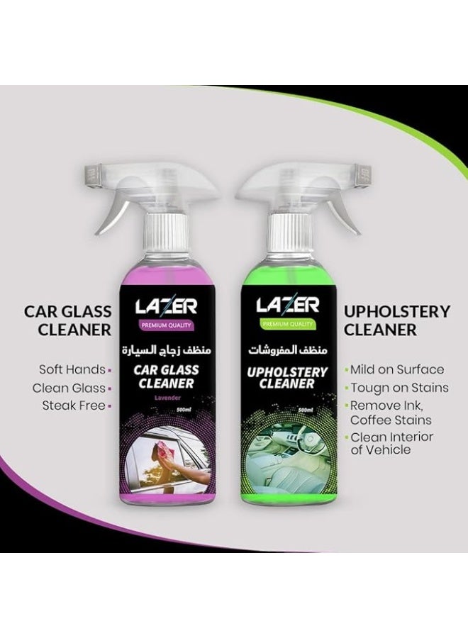 LAZER Car Cleaning Kit Pack of 4 – Tire Cleaner & Shiner, Waterless Car Wash, Upholstery Cleaner, Car Glass Cleaner 500ml Each – Complete Car Care Solution with Microfiber Cloth - Image 2