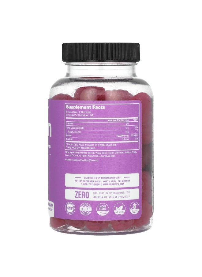 NutraChamps - NutraChamps, Biotin, Hair, Skin & Nails Gummies, Sugar Free, Natural Berry, 10,000 mcg, 60 Vegan Gummies (5,000 mcg per Gummy) - Image 1