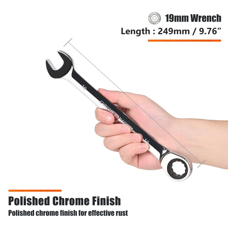 Egofine 19mm Ratcheting Combination Wrench Metric, Industrial Grade Gear Spanner with 12-Point Design, 72-Tooth Ratchet, Chrome Vanadium Steel - Image 3