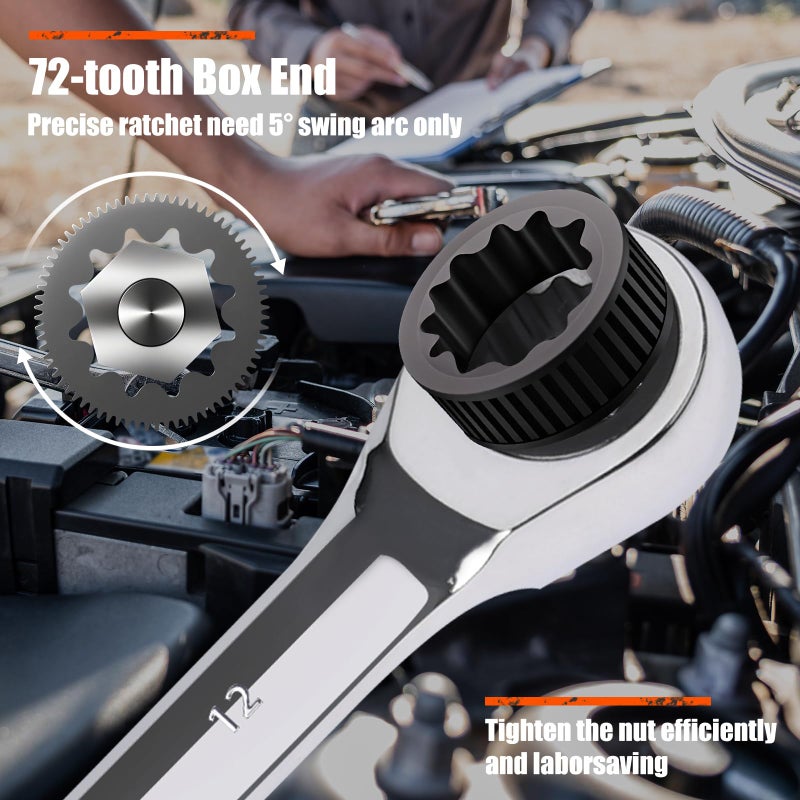 Egofine 19mm Ratcheting Combination Wrench Metric, Industrial Grade Gear Spanner with 12-Point Design, 72-Tooth Ratchet, Chrome Vanadium Steel - Image 4