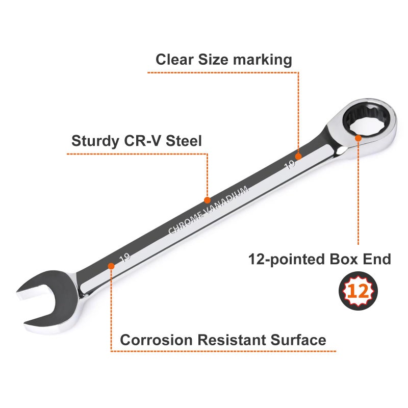 Egofine 19mm Ratcheting Combination Wrench Metric, Industrial Grade Gear Spanner with 12-Point Design, 72-Tooth Ratchet, Chrome Vanadium Steel - Image 2