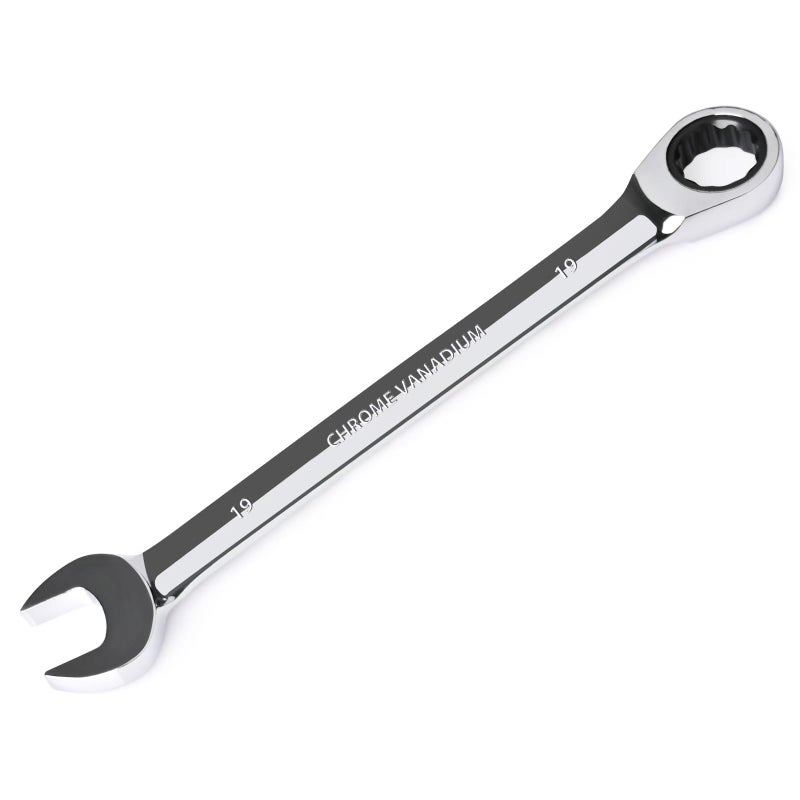 Egofine 19mm Ratcheting Combination Wrench Metric, Industrial Grade Gear Spanner with 12-Point Design, 72-Tooth Ratchet, Chrome Vanadium Steel - Image 1