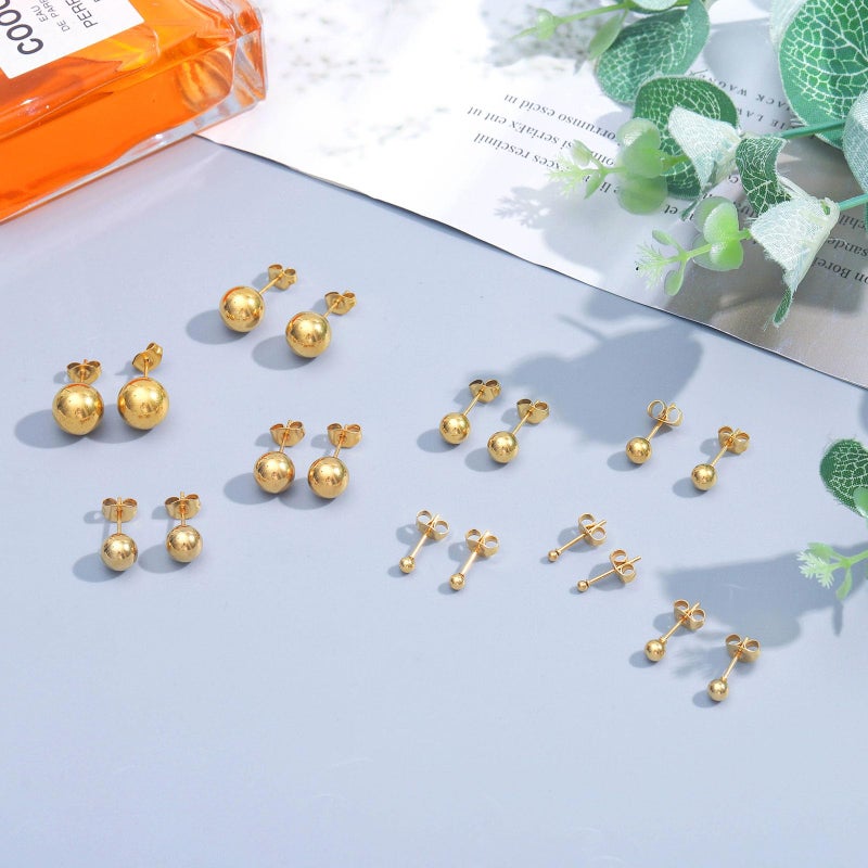 NEWITIN 9 Pairs Gold Ball Stud Earrings for Women Hypoallergenic Earring 18K Gold Plated Ball Earrings Set 2-10 MM Small Studs for Women Men - Image 4