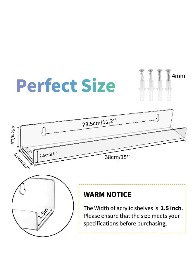 Generic - 2 Pieces Acrylic Floating Shelves, 15inch Clear Acrylic Shelf, Invisible Wall Mount Bookshelf with Mounting Kit, Small Bathroom Shelves for Record, Book, Pop Figure Display - Image 1