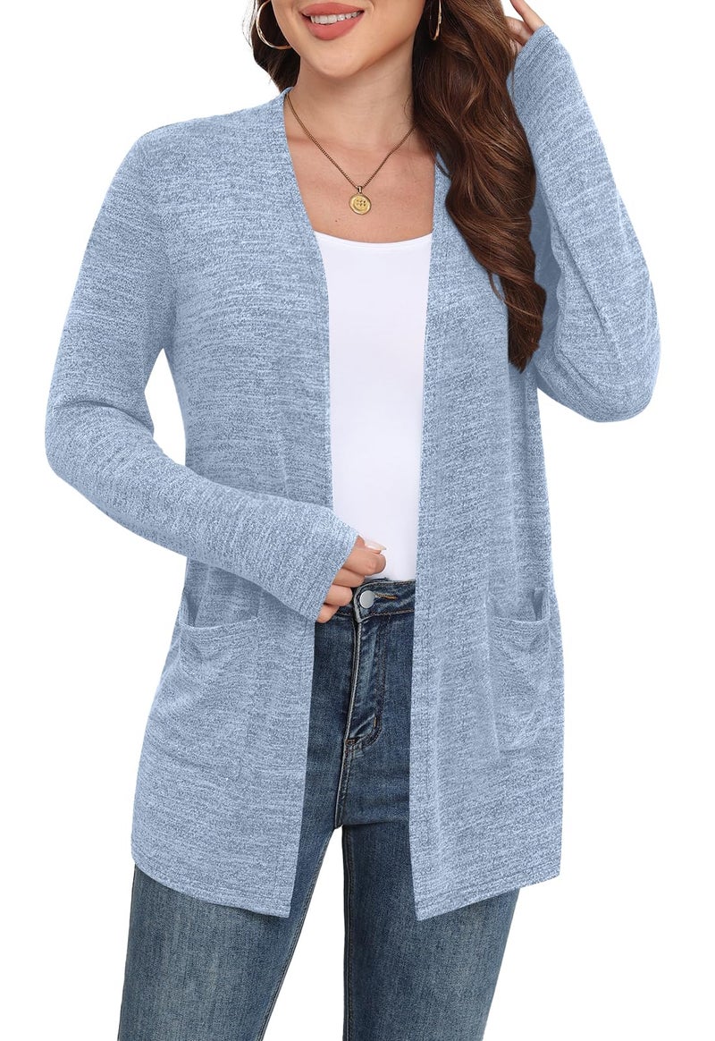 Yincro Womens Lightweight Cardigan Long Sleeve Open Front Casual Sweater Cardigans with Pockets (Light Blue, XL) - Image 3