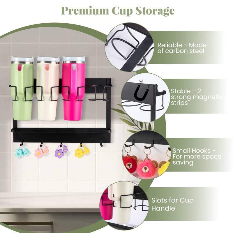 CINPIUK Water Bottle Organizer Holder, Magnetic Cup Rack Storage for Stanley & Large Tumbler, Space Saving Wall Mount Bottle Organizer with 5 Hook, Easy to Install, Black - Image 2