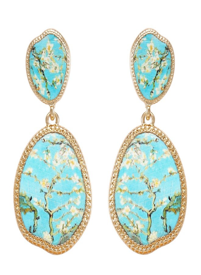 BONALUNA Bohemian Wood And Flower Printed Oval Shaped Drop Statement Earrings - Image 1