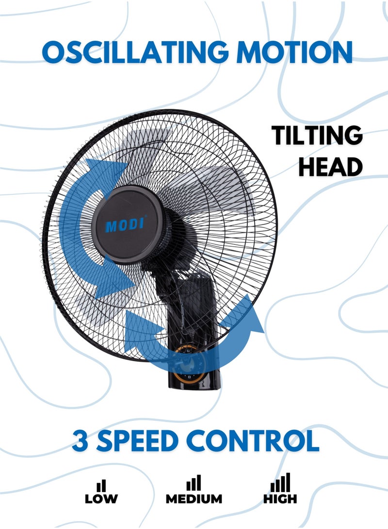 مودي مروحة حائط مقاس 16 بوصة، مروحة حائط عالية السرعة، مروحة حائط متذبذبة بثلاث سرعات للمنزل وغرفة النوم والمكتب، موفرة للطاقة، تبريد صامت، إمالة قابلة للتعديل وتدفق هواء قوي (بدون جهاز تحكم عن بعد، قطعة واحدة) - Image 3