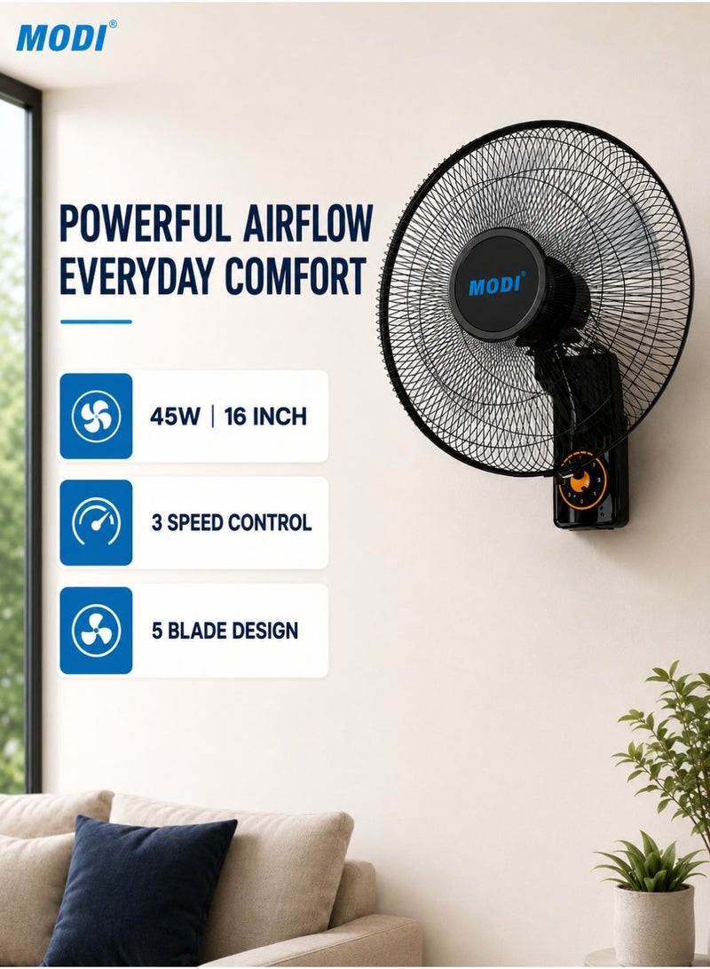 MODI 16-Inch Wall Fan, 45W Wall-Mounted Electric Fan with 3 Speed Control, 5-Blade Airflow, Oscillation & Adjustable Tilt for Home, Bedroom, Office & Kitchen - Image 1