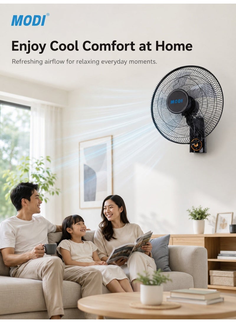 MODI 16-Inch Wall Fan, 45W Wall-Mounted Electric Fan with 3 Speed Control, 5-Blade Airflow, Oscillation & Adjustable Tilt for Home, Bedroom, Office & Kitchen - Image 4