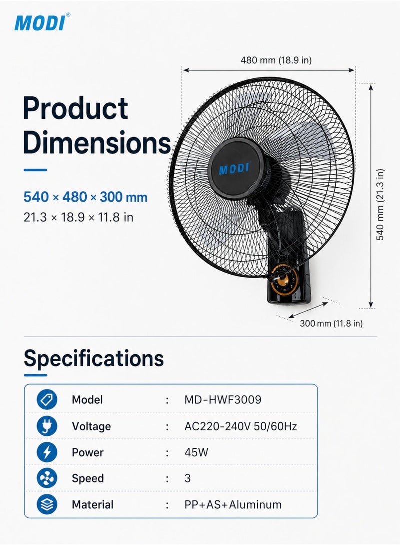 MODI 16-Inch Wall Fan, 45W Wall-Mounted Electric Fan with 3 Speed Control, 5-Blade Airflow, Oscillation & Adjustable Tilt for Home, Bedroom, Office & Kitchen - Image 3