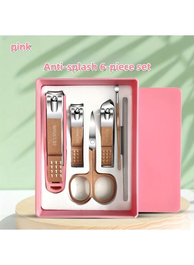 Pink Anti Splash Nail Clippers Set 6 Pcs Portable Nail Care Beauty Tool - Image 1