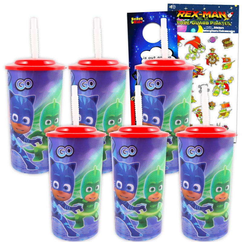 PJ Masks Kids Masks Kids Reusable Cups  Masks 6 Piece Bundle with 16 Oz Cups with Lids and Straw Plus Stickers for Boys and Girls Masks Tumbler with Straw