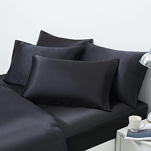Ersmak Satin Pillowcase Standard Set of 4 Ultra Soft  Silky Satin Pillow Cases for Hair and Skin Wrinkle Fade Resistant Pillow Covers with Envelope Closure Black