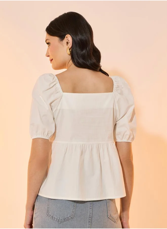 تايك تو Solid Square Neck Blouse with Pintuck Detail