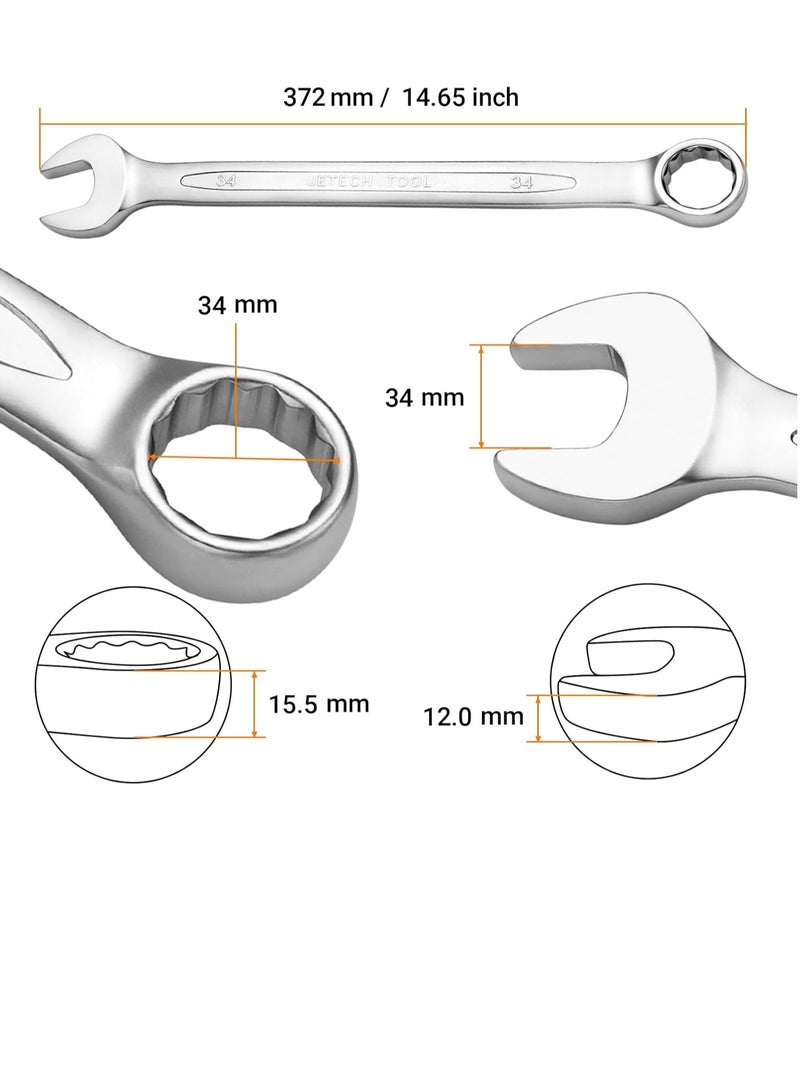 Jetech 34mm Combination Wrench - Industrial Grade, Chrome Vanadium Steel, Sand Blasted Finish, Precision-Machined 12-Point Opening, Off-Corners Design, 15-Degree Offset - Image 2