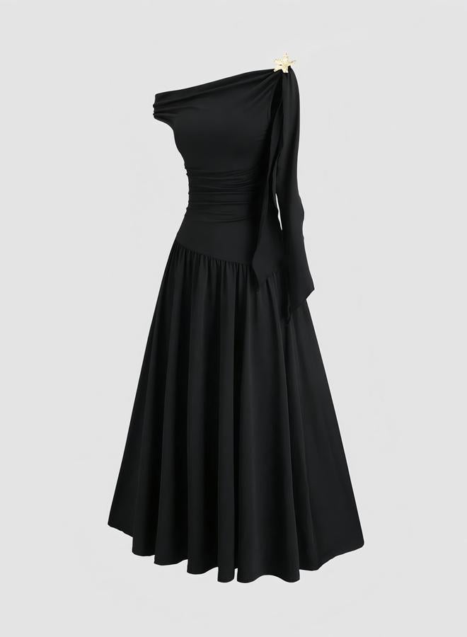 Take Two Black One-Shoulder Maxi A-Line Dress With Star Embellishment - Image 2