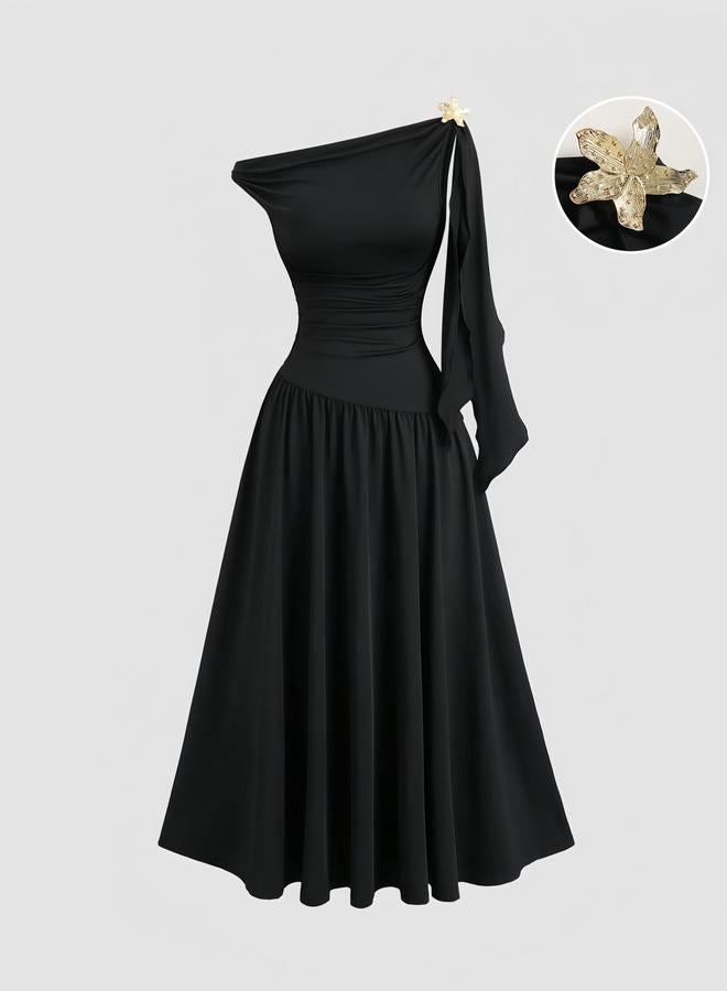 Take Two Black One-Shoulder Maxi A-Line Dress With Star Embellishment - Image 1