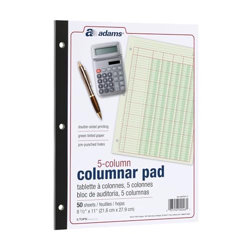 Adams Columnar Analysis Pad, 5 Column Ledger, 8.5" x 11", 100 Pages (50 Sheets), Green, 3 Hole Punch, for Accounting, Bookkeeping & Data (ACP85115) - Image 1