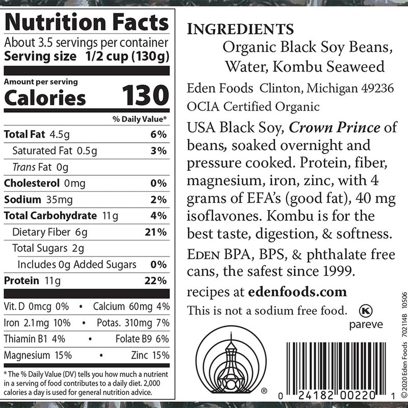 Eden Organic Black Soybeans, 15 oz Can, Complete Protein, No Salt, Non-GMO, Gluten Free, Vegan, Kosher, U.S. Grown, Heat and Serve, Macrobiotic, Soy Beans - Image 2
