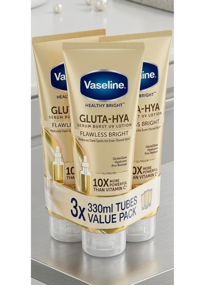 Vaseline Healthy Bright Gluta-Hya Serum Burst UV Lotion, Flawless Bright (330ml) – Pack of 3 Triple Value Pack with GlutaGlow, Hyaluron, and Pro-Retinol for Even-Toned Skin - Image 1