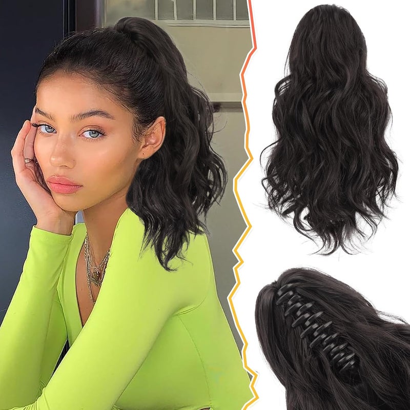 BARSDAR Claw Clip in Ponytail Extensions  14 Inch Short Wavy Dark Brown Ponytail Hair Extensions for Women  Synthetic Claw Clip in Pony Tails Hairpieces Fake Pony Tails  Dark Brown