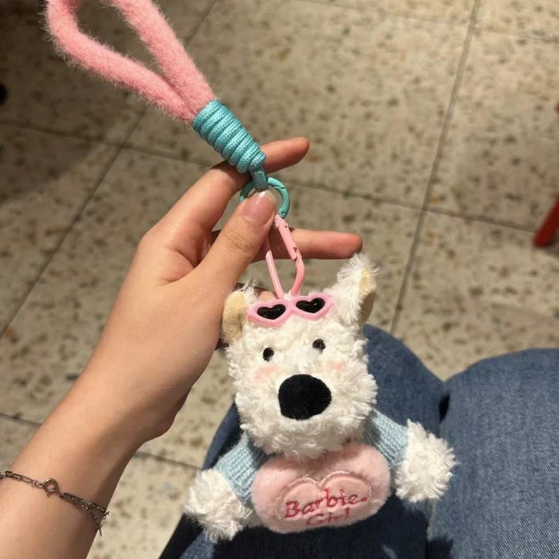 Cute Plush Terrier Sunglasses Keychain Decoration Pink Sunglasses Barbie Scrub Dog [Plush Rope]]