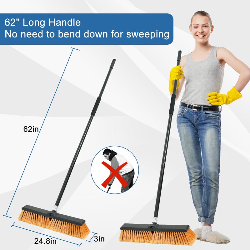 PBHEPJ 24 Inchs Push Broom Outdoor Heavy Duty, Shop Broom with 60" Long Handle for Cleaning Outdoor or Indoor Tile, Garage, Shop, Deck, Concrete, Wood, Stone, Patio Floor, 2 Pack - Image 3