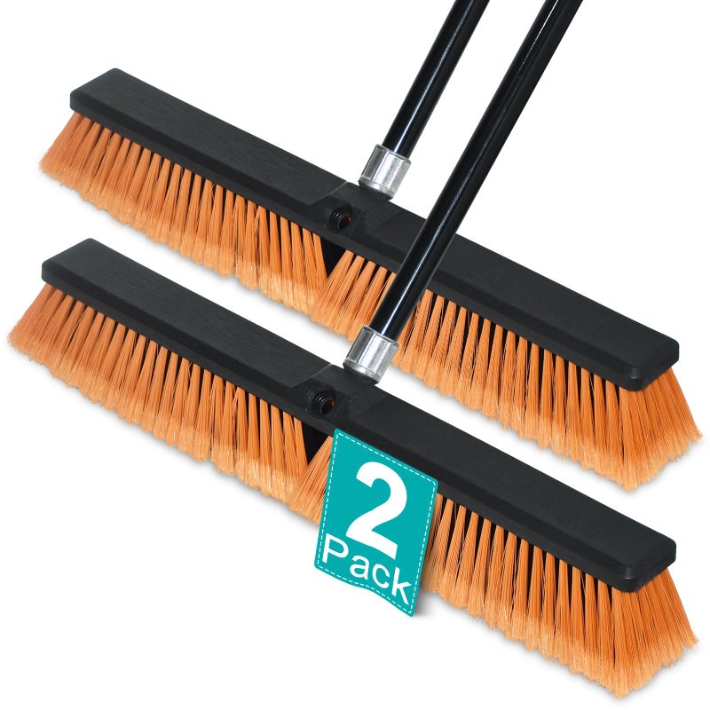 PBHEPJ 24 Inchs Push Broom Outdoor Heavy Duty, Shop Broom with 60" Long Handle for Cleaning Outdoor or Indoor Tile, Garage, Shop, Deck, Concrete, Wood, Stone, Patio Floor, 2 Pack - Image 1
