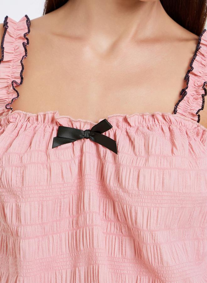 Styli Textured Contrast Edge Ruffle Strap Cami and Shorts Set - Image 3