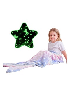 KASTWAVE SYOSI Mermaid Tail Blanket, Glow in The Dark, Super Soft Plush Flannel Sleeping Bag, Star and Unicorn Design Snuggle Blanket, for Girls Age 1-10  - Image 1