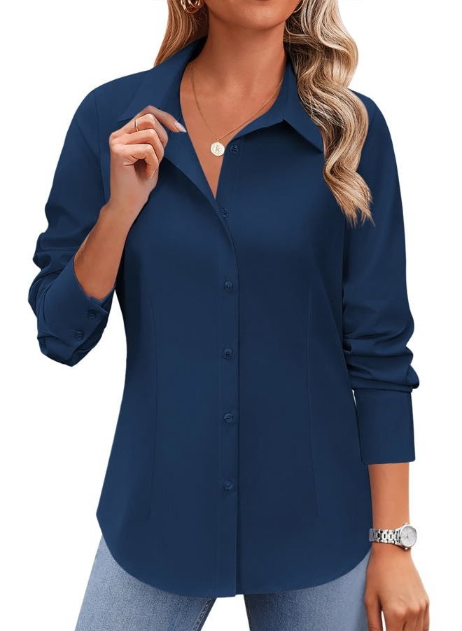 Button Down Shirts for Women Wrinkle Free Long Sleeve Collared Dress Blouses Casual Work Office Tunics Tops, Navy Blue, S