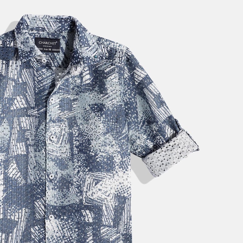 CHARCHIT Boys Cotton Blend Full Sleeves Typographic Printed Casual Shirt & T-Shirt - Navy - Image 4