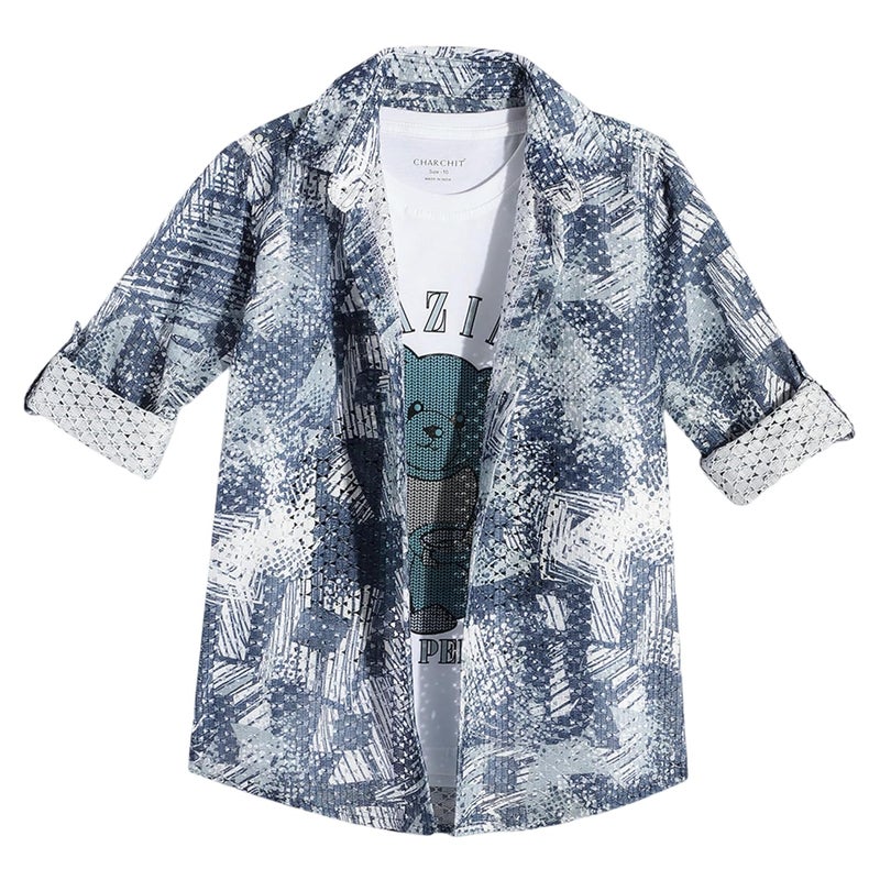 CHARCHIT Boys Cotton Blend Full Sleeves Typographic Printed Casual Shirt & T-Shirt - Navy - Image 1