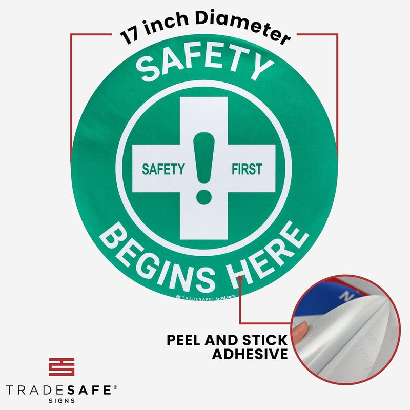 TRADESAFE Safety First Anti-Slip Floor Sticker - Safety Begins Here Floor Sign, Peel and Stick Adhesive Vinyl Sign, ANSI-Compliant, 17” Diameter Round Sticker - Image 3