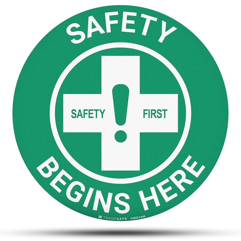 TRADESAFE Safety First Anti-Slip Floor Sticker - Safety Begins Here Floor Sign, Peel and Stick Adhesive Vinyl Sign, ANSI-Compliant, 17” Diameter Round Sticker - Image 1
