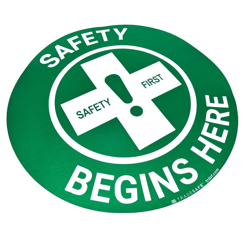 TRADESAFE Safety First Anti-Slip Floor Sticker - Safety Begins Here Floor Sign, Peel and Stick Adhesive Vinyl Sign, ANSI-Compliant, 17” Diameter Round Sticker - Image 4