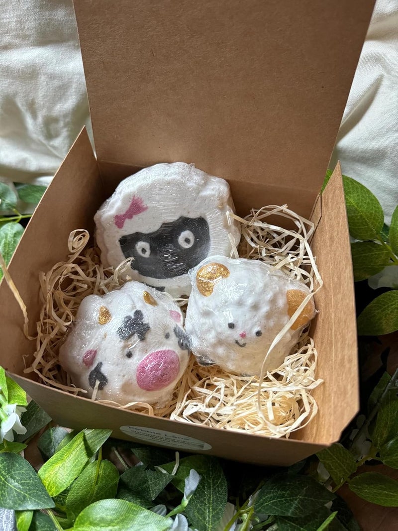 Handmade and hand painted in UK Three Sensitive skin farm animal bath bombs in giftbox