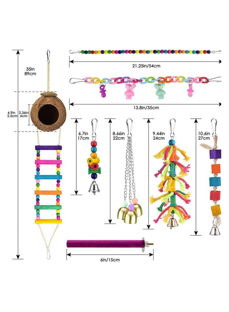 8PCS Parrot Toy Bird Supplies Utensils Standing Pole Coconut Shell Bird's Nest Stairs Wooden Bell Bird Playset - Image 2