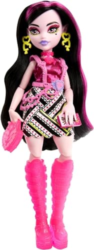 MONSTER HIGH دمية مونستر هاي سكولتي ميت سيكريتس نيون فرايتس وإكسسوارات، دراكولاورا مع خزانة ملابس و19+ مفاجأة - Image 4