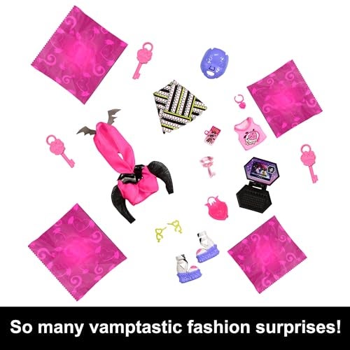 MONSTER HIGH دمية مونستر هاي سكولتي ميت سيكريتس نيون فرايتس وإكسسوارات، دراكولاورا مع خزانة ملابس و19+ مفاجأة - Image 5