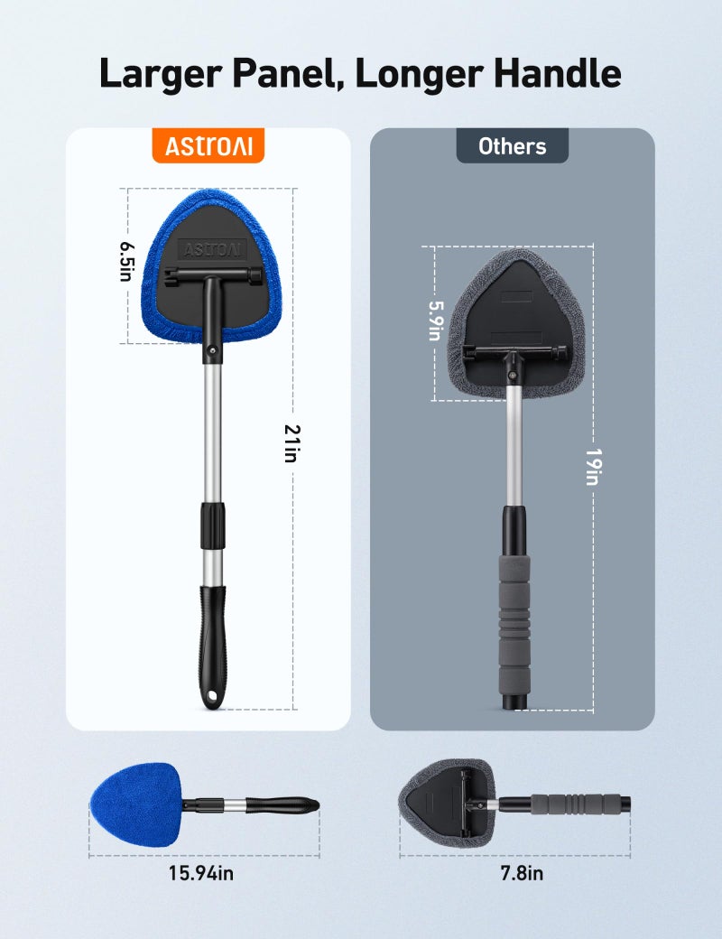 AstroAI Windshield Cleaner Tool, Car Interior Detailing Cleaning Kit with Extendable Handle and 4 Upgraded High-Density Reusable Microfiber Pads, Auto Glass Wiper Brush Kit for Cars, Blue, 15.9in-21in - Image 3
