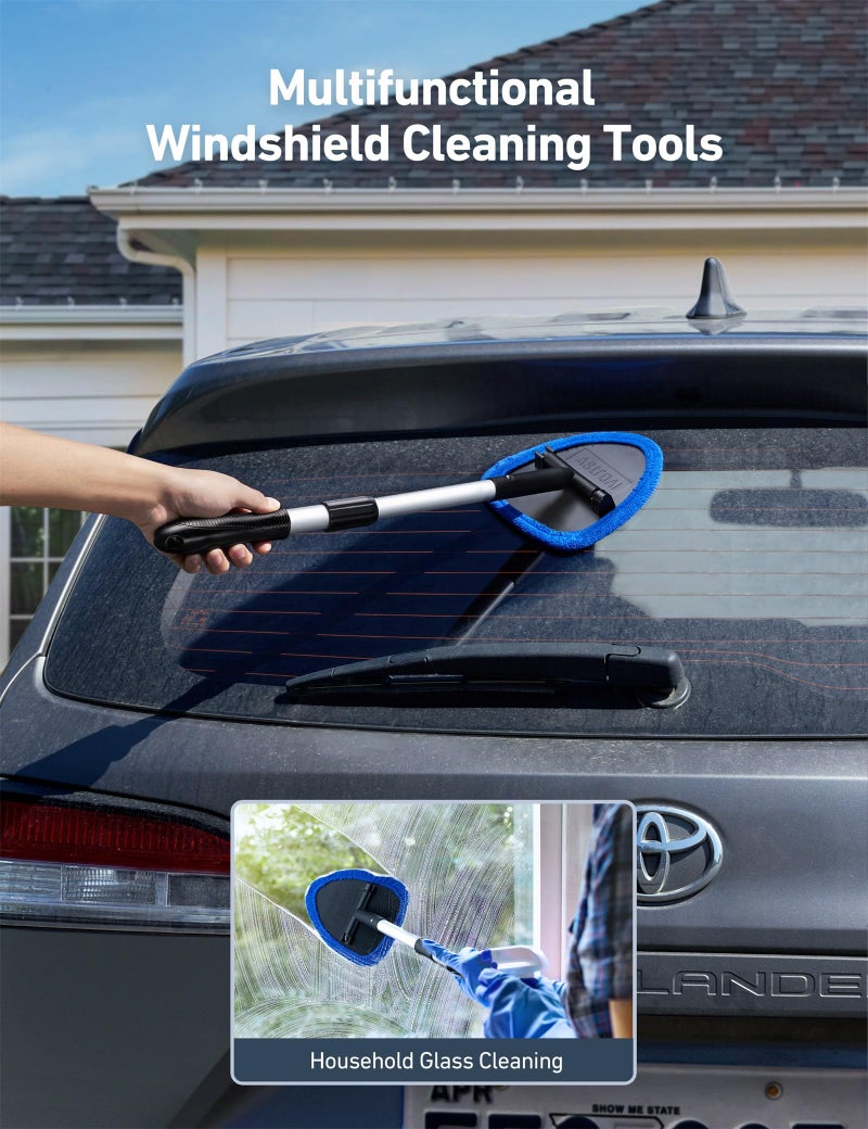 AstroAI Windshield Cleaner Tool, Car Interior Detailing Cleaning Kit with Extendable Handle and 4 Upgraded High-Density Reusable Microfiber Pads, Auto Glass Wiper Brush Kit for Cars, Blue, 15.9in-21in - Image 5